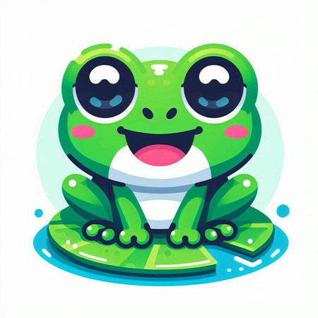 Frog cartoon vector illustration. Cute green frog character sitting on a lotus leaf.のイラスト素材