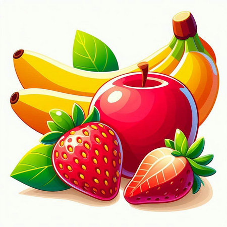 Fruit background with strawberries, bananas, apples and strawberries. Vector illustration.のイラスト素材