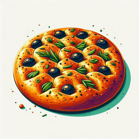 Illustration of a pizza with olives on a white background.のイラスト素材