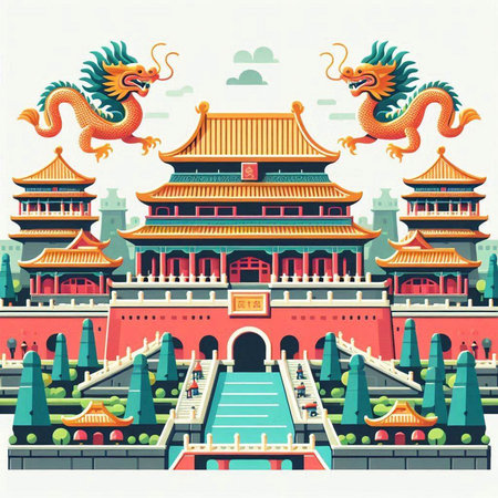 Vector illustration of Chinese temple in flat style with dragon and lion.のイラスト素材