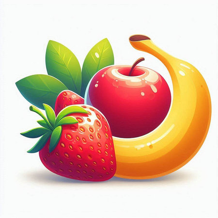 Strawberry and apple with a banana on a white background.のイラスト素材