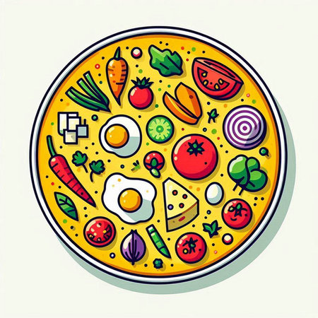Colorful vector illustration of a pizza with tomato, cucumber, onion, carrot and eggのイラスト素材