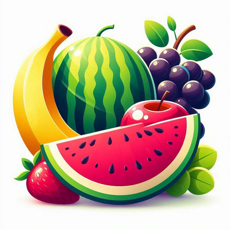 Fruits background with watermelon, strawberries, banana and black grapesのイラスト素材