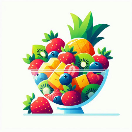 Fruit salad in a glass bowl on a white background. Vector illustration.のイラスト素材