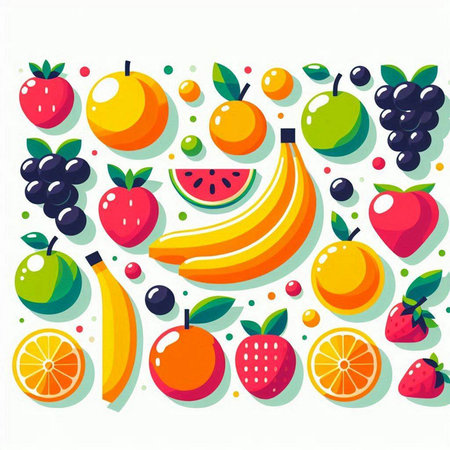 Fruits and berries background. Vector illustration in flat cartoon style.のイラスト素材