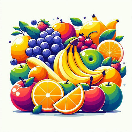 Fruit background with bananas, oranges, apples and berries. Vector illustration.のイラスト素材
