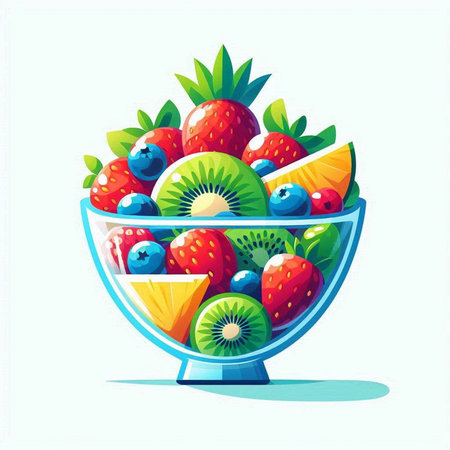 Fruit salad in a glass bowl on a white background. Vector illustration.のイラスト素材