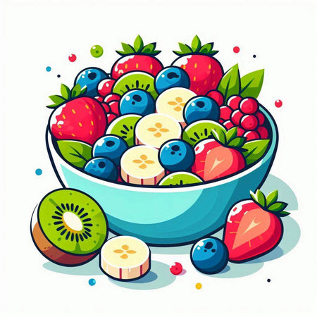 Vector illustration of a bowl of fresh fruit salad with strawberries, blueberries and kiwiのイラスト素材