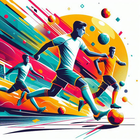 Soccer players in action with colorful background. Vector illustration. Retro style.のイラスト素材