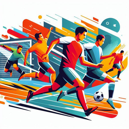 Soccer players in action, vector illustration. Colorful background.のイラスト素材