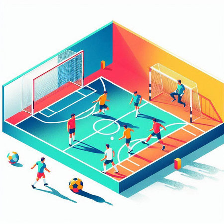 Soccer match with players on the field. Vector illustration in isometric style.のイラスト素材