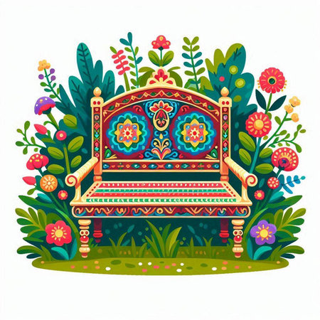 Hand drawn vector illustration of a vintage sofa in the garden with flowers.のイラスト素材