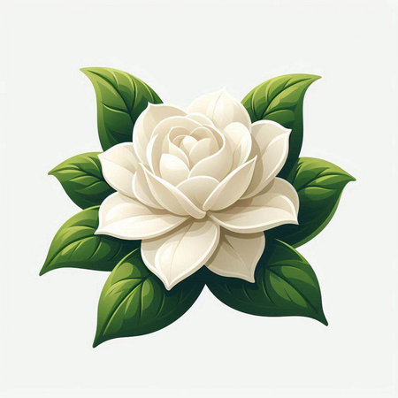 Illustration of a white flower with green leaves on a white backgroundのイラスト素材
