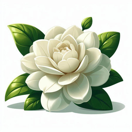 Illustration of a white flower with green leaves on a white backgroundのイラスト素材