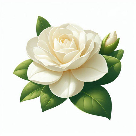 White camellia flower with green leaves isolated on white background.のイラスト素材