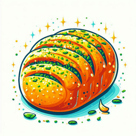 Illustration of a fresh baked bread with green leaves on a white backgroundのイラスト素材
