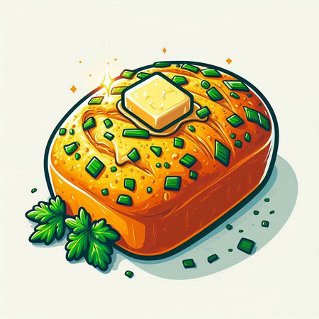 Illustration of a loaf of bread with butter and green onions.のイラスト素材