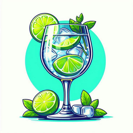 Cocktail with lime, mint and ice. Vector illustration.のイラスト素材