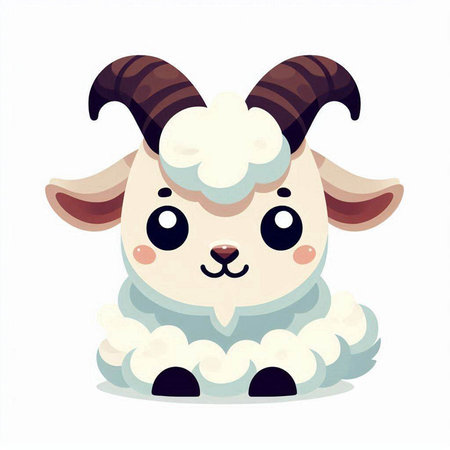 Cute cartoon sheep with long horns on white background. Vector illustration.のイラスト素材