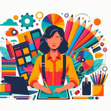 Vector illustration of a girl working at a laptop in the office.のイラスト素材