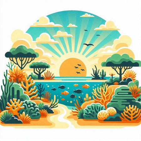 Tropical seascape with sun and clouds. Vector illustration.のイラスト素材