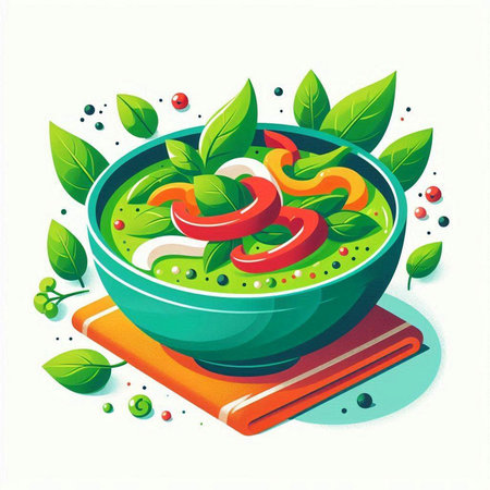Vector illustration of a bowl of pesto soup with fresh herbs and spices.のイラスト素材