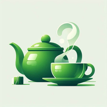 Green teapot, cup and saucer. Vector illustration.のイラスト素材