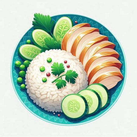 Rice with cucumber and parsley on a plate. Vector illustration.のイラスト素材