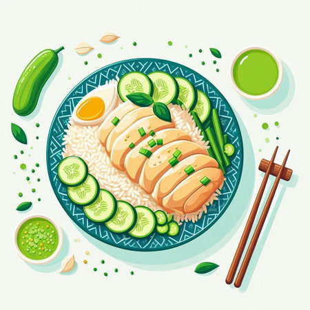 Illustration of a plate of rice with chicken, cucumber and sesame seedsのイラスト素材