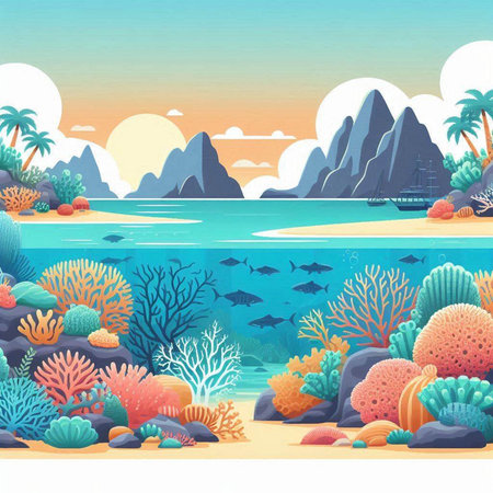 Coral reef landscape in cartoon style. Vector illustration for your designのイラスト素材