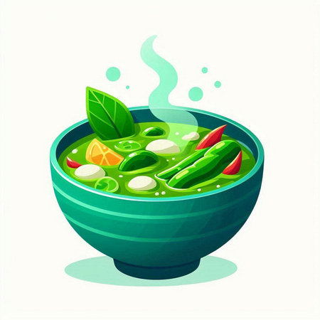 Illustration of green curry in bowl on white background. Vector illustration.のイラスト素材