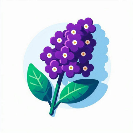 Illustration of a purple flower with green leaves on a white backgroundのイラスト素材