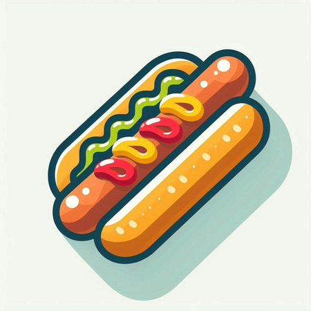 Hot dog with mustard and ketchup. Fast food vector illustration.のイラスト素材