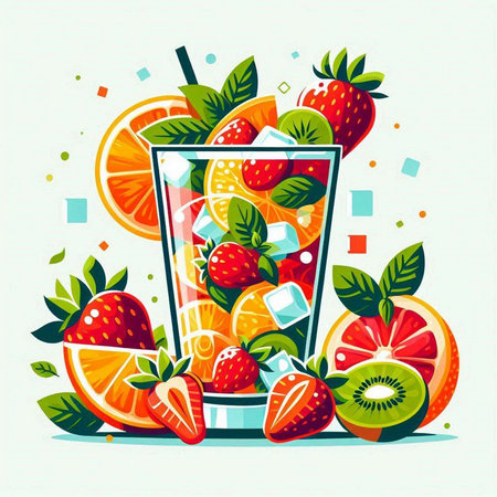 Vector illustration of a glass of fresh fruit cocktail with ice cubes and fruits.のイラスト素材