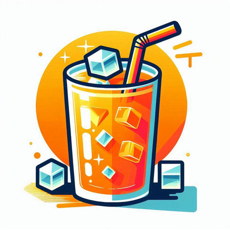 Illustration of a glass of orange juice with ice cubes and a strawのイラスト素材