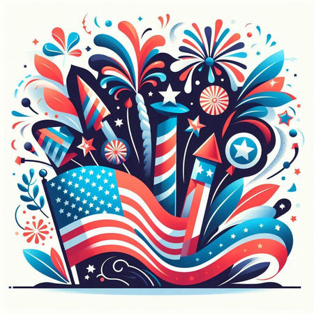American Independence Day greeting card with fireworks and flag. Vector illustration.のイラスト素材
