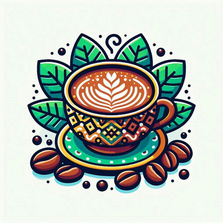 Coffee cup with latte art and leaves. Vector illustration.のイラスト素材