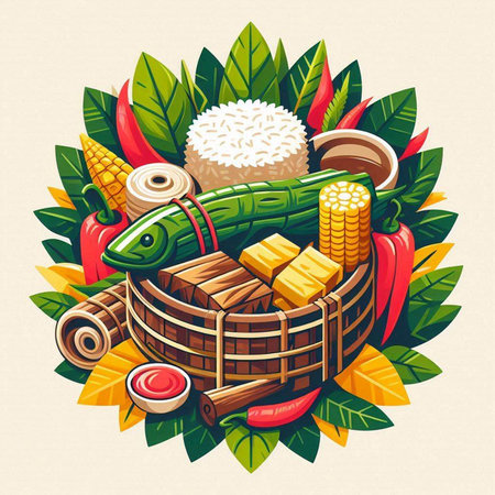 Illustration of a set of vegetables and rice in a basket.のイラスト素材