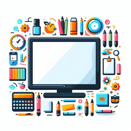 Colorful vector illustration of computer monitor with office and school supplies on white backgroundのイラスト素材