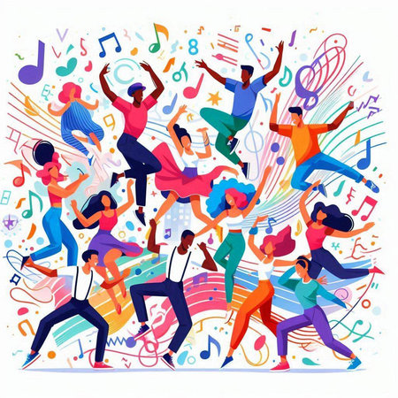 Happy young people jumping, dancing and having fun, vector illustration.のイラスト素材