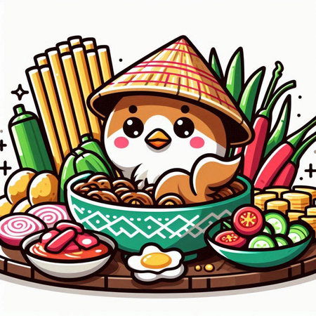 Illustration of a Chicken in a Rice Bowl with Sushi and Vegetablesのイラスト素材
