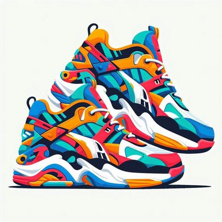 Vector illustration of running shoes with colorful pattern. Sneakers with shoelaces.のイラスト素材