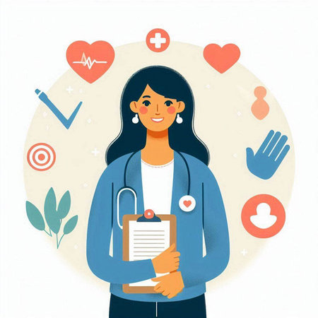 Vector illustration of a female doctor with clipboard and medical icons around herのイラスト素材