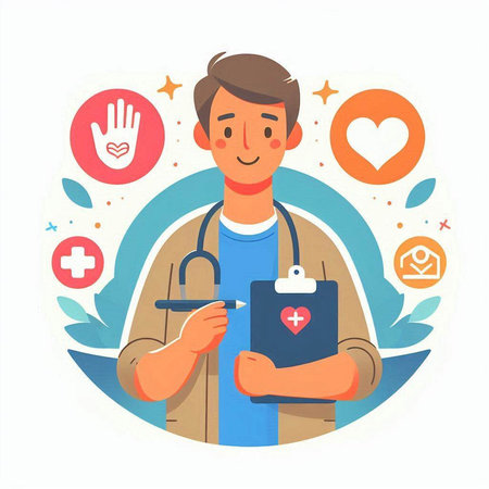 Doctor with stethoscope and clipboard. Flat style vector illustration.のイラスト素材