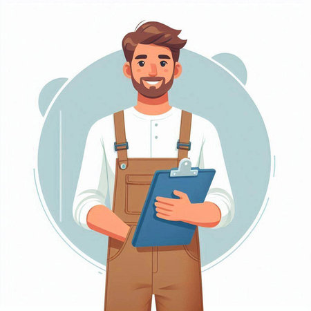 Portrait of a smiling farmer with clipboard in his hands. Vector illustration.のイラスト素材