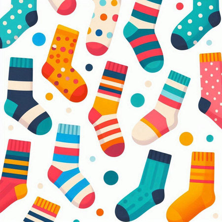 Seamless pattern with colorful socks on white background. Vector illustration.のイラスト素材