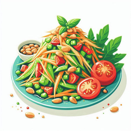 Papaya salad with beans, tomatoes and green peas. Vector illustration.のイラスト素材