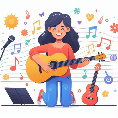 Girl playing guitar on the background of musical notes. Vector illustration.のイラスト素材