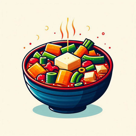 Illustration of a bowl of vegetable soup with tofu, carrots, peppers and onions.のイラスト素材