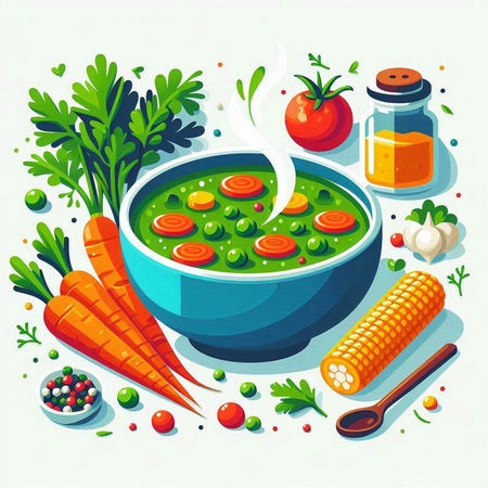 Vegetable soup in bowl with ingredients for cooking. Vector illustration.のイラスト素材